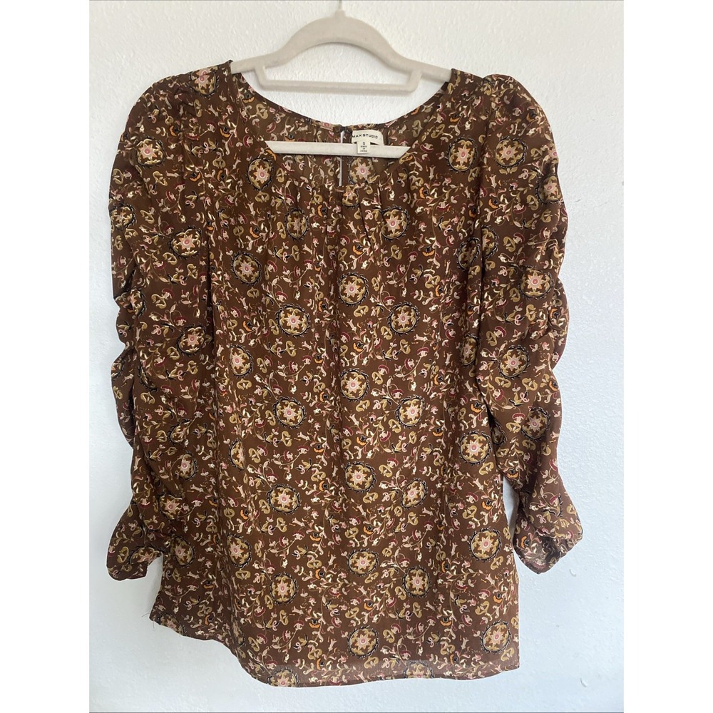 Max Studio Womens Brown Ruched Long Sleeve pleated Collar Blouse Size Small‎